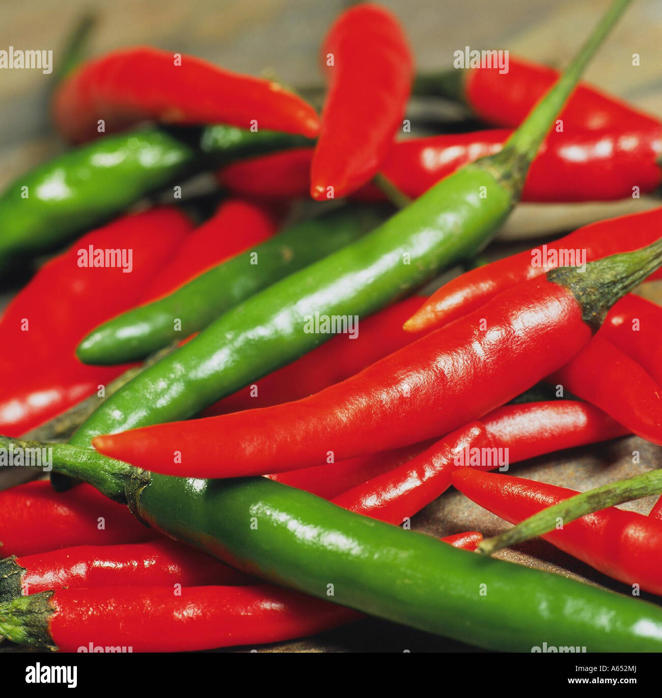 Red and green birds eye chillies, typically used in Thai cooking. Stock Photo