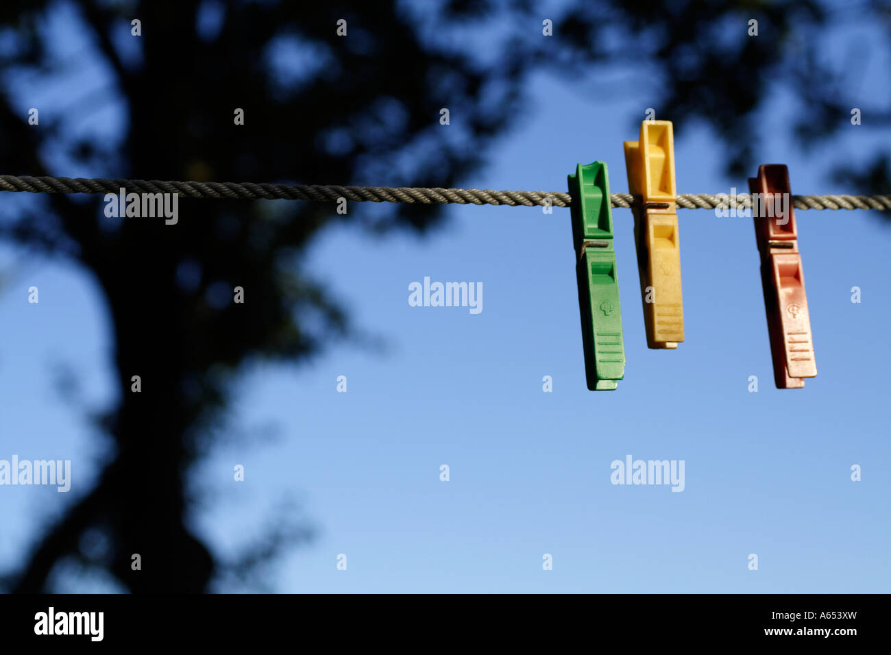 Three colourful clothespins on a line Stock Photo Alamy