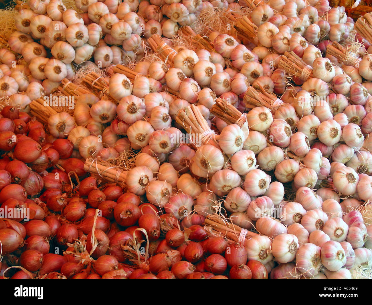 French Garlic and Onion's on display at a French Market Garlic and