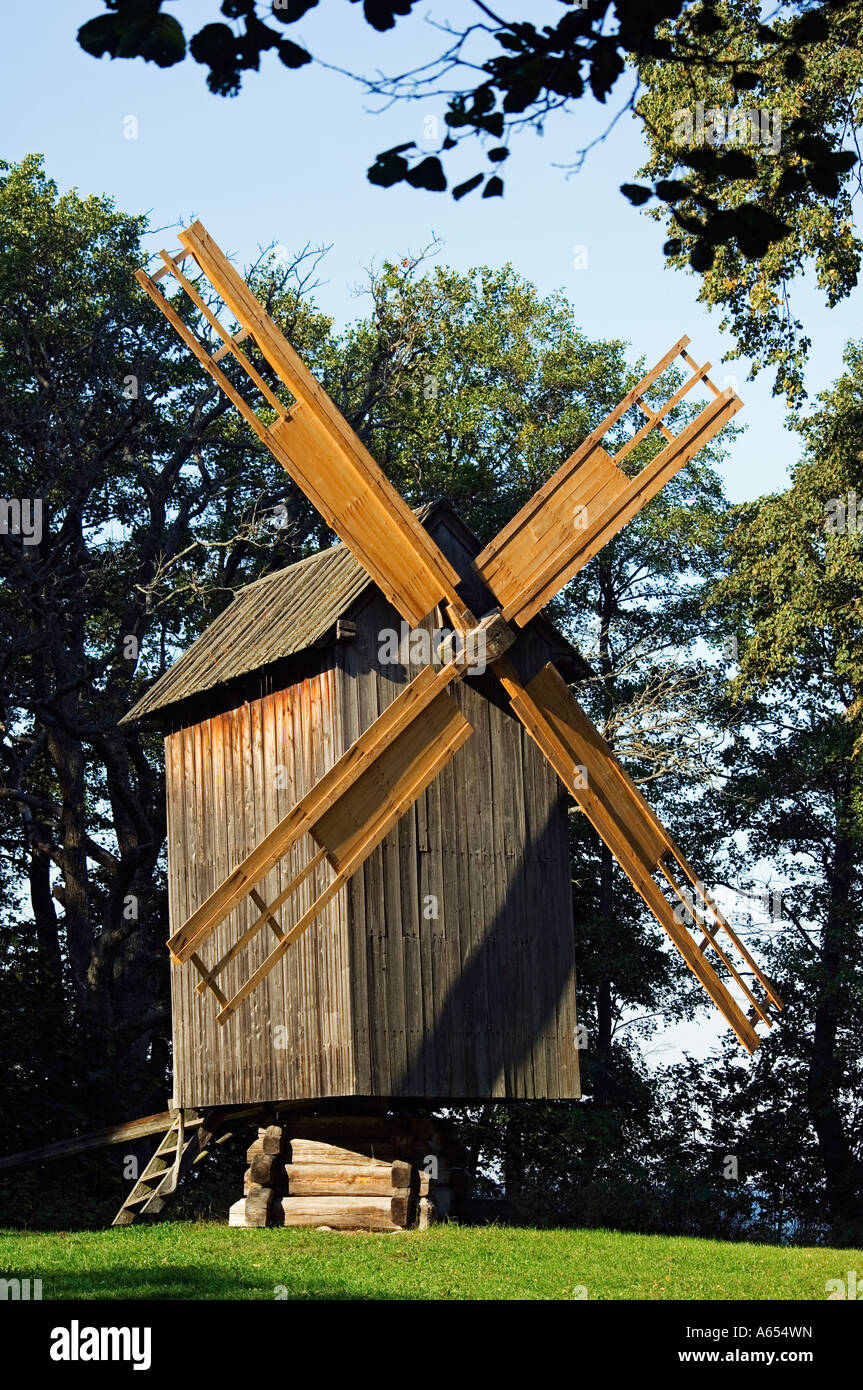 A Traditional Wooden Windmill located in Rocca al Mar at the National Open Air Museum Stock Photo