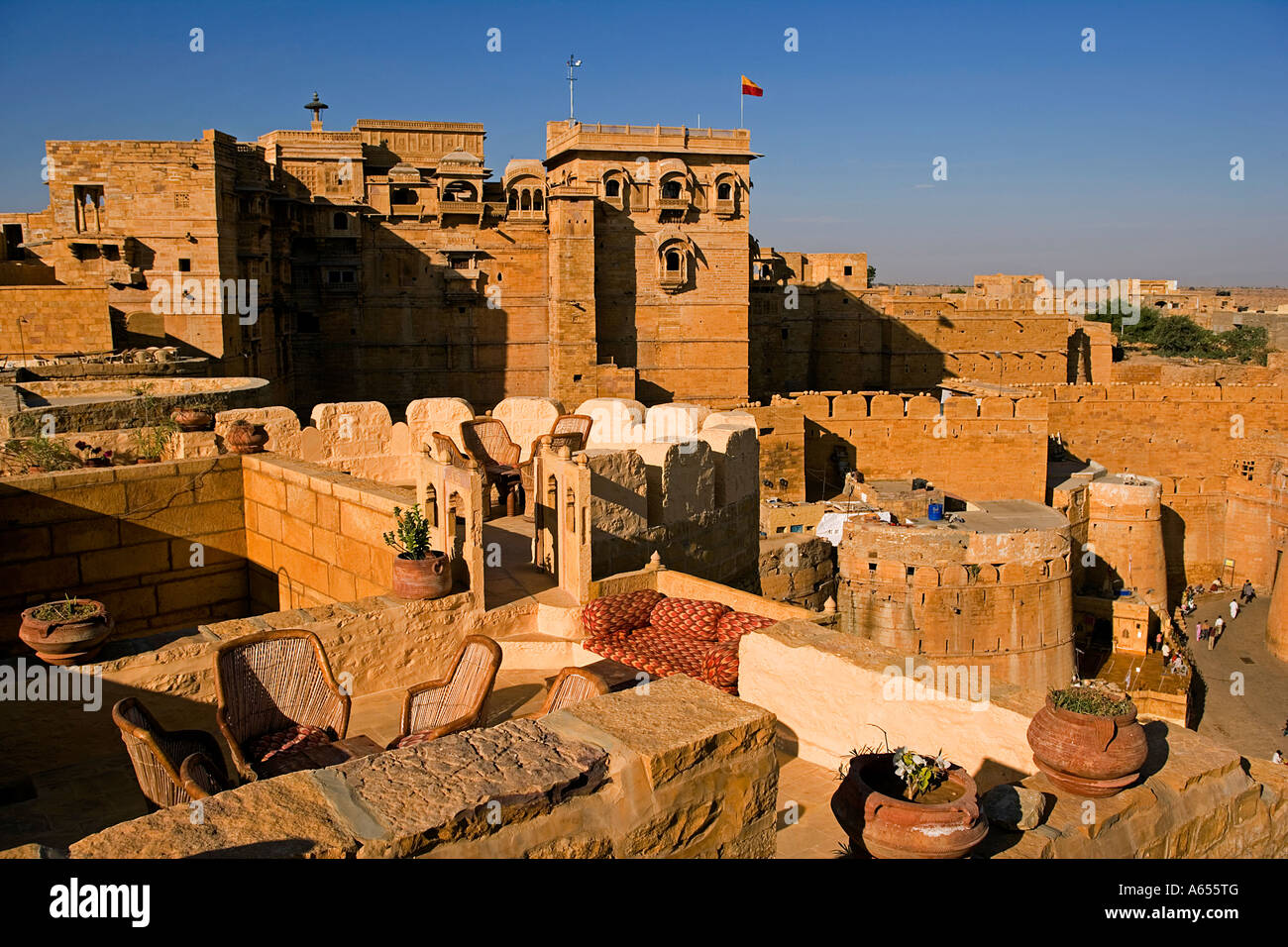 View from Haveli foen over main courtyard of fort of Jaiselmeer Rajasthan India Stock Photo