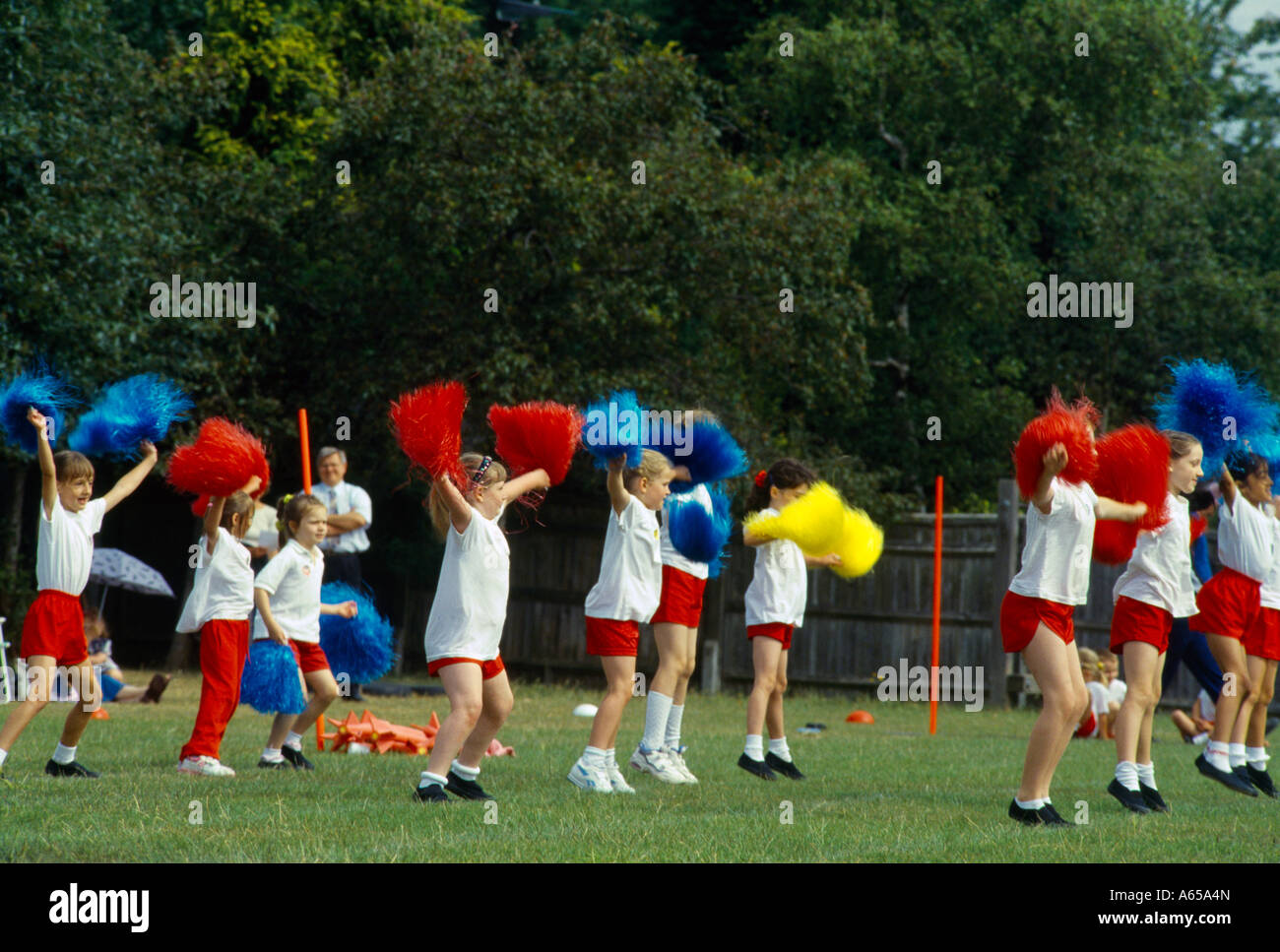 Cheerleaders at School Sports Day at Primary School Stock Photo