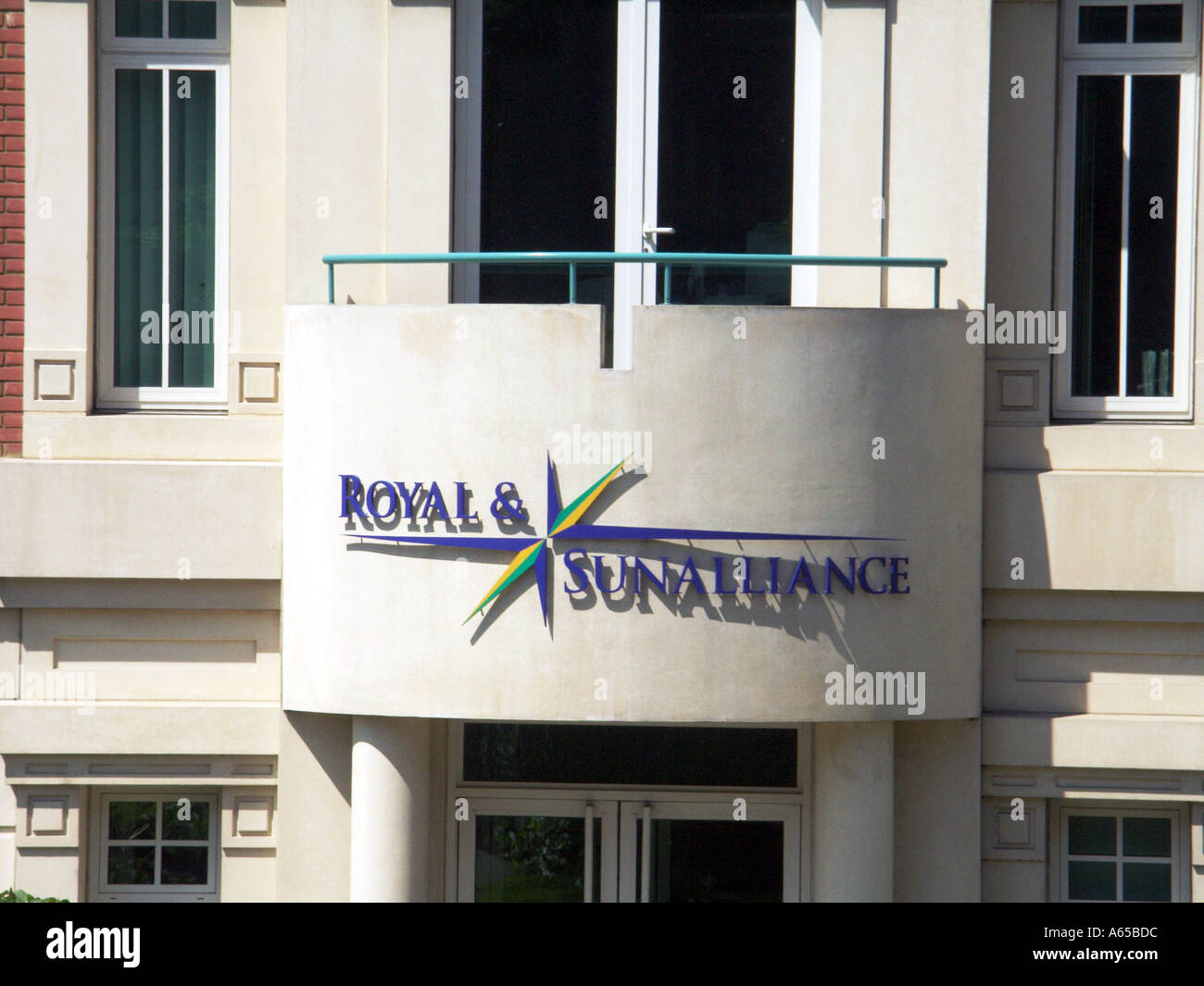 Royal & Sun Alliance close up of logo sign design sunshine on balcony at insurance office premises in Chelmsford Essex England UK Stock Photo