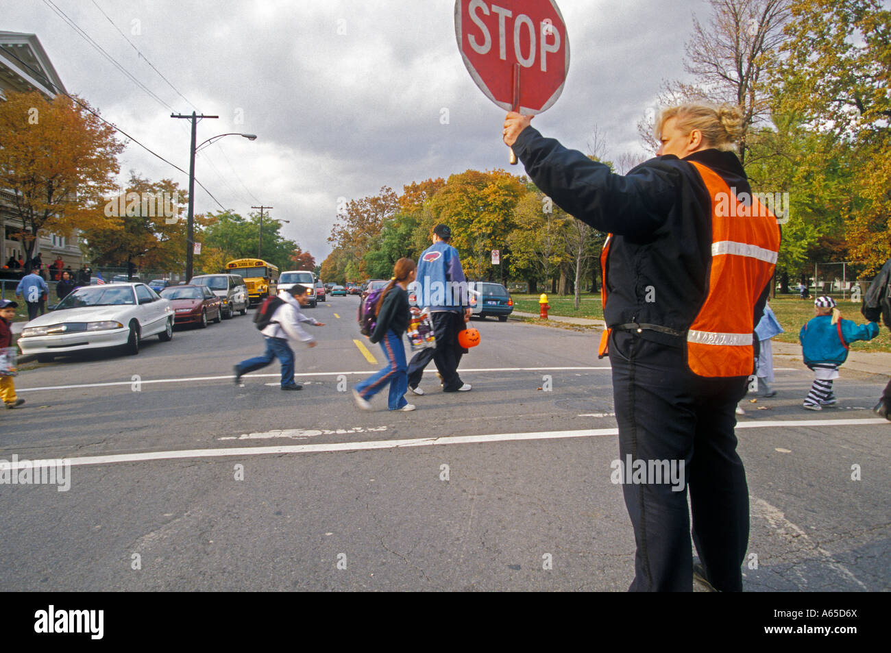 Detroit Michigan A woman working as a crossing guard outside Maybury Elementary School Stock Photo
