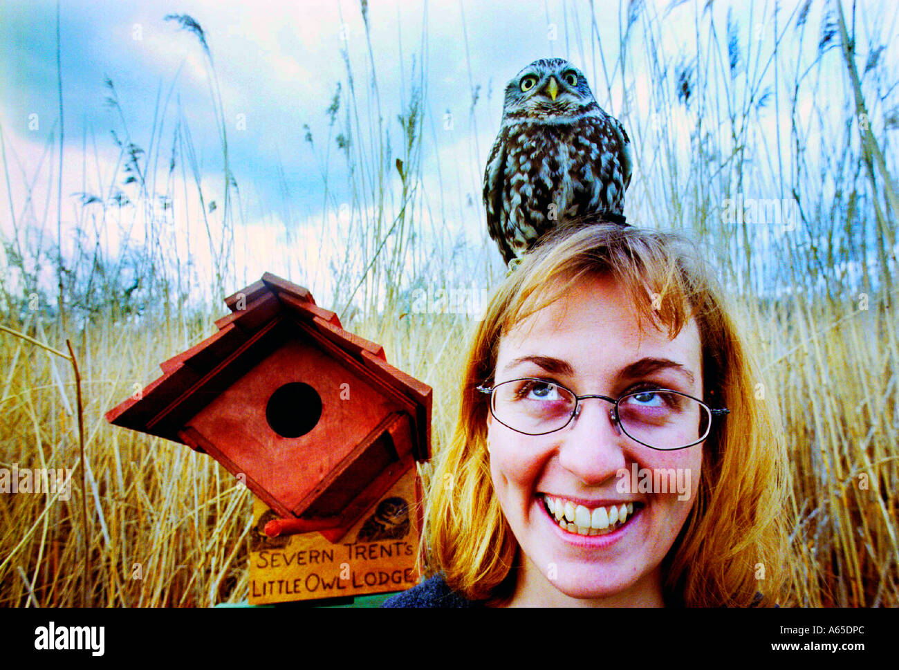 Rare Little Owl sitting on the head of  blonde lady scientist who is wearing glasses and a big smile Stock Photo