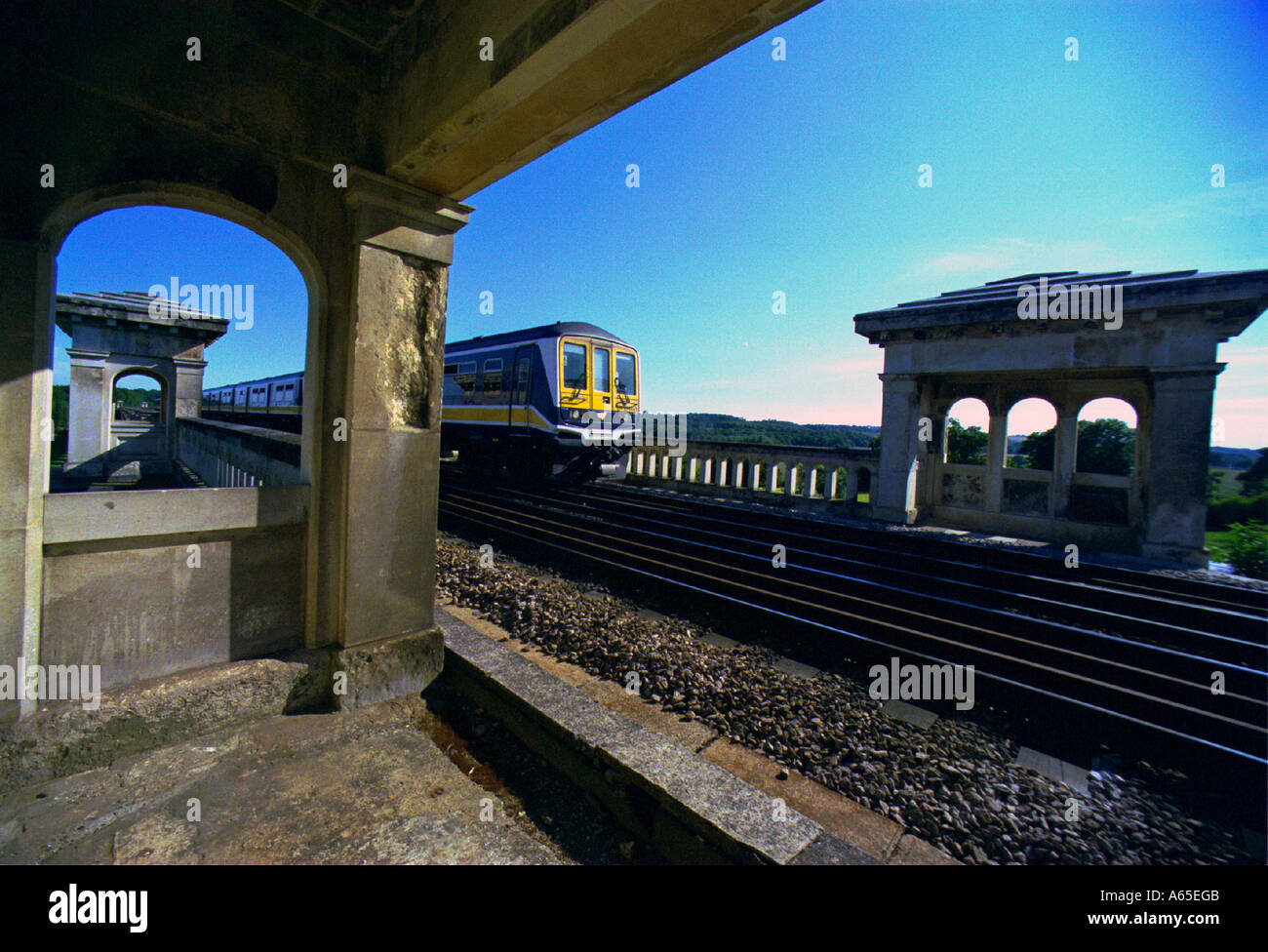 Thameslink Brighton to Bedford train crossing the Ouse Valley Viaduct near Balcombe Sussex Stock Photo