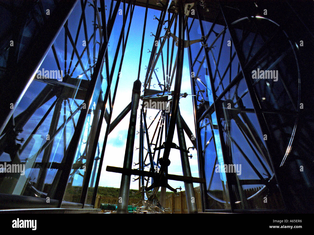 A 7 metre high glass and stainless steel water wheel at the Gaia Energy Centre in Delabole Cornwall Stock Photo