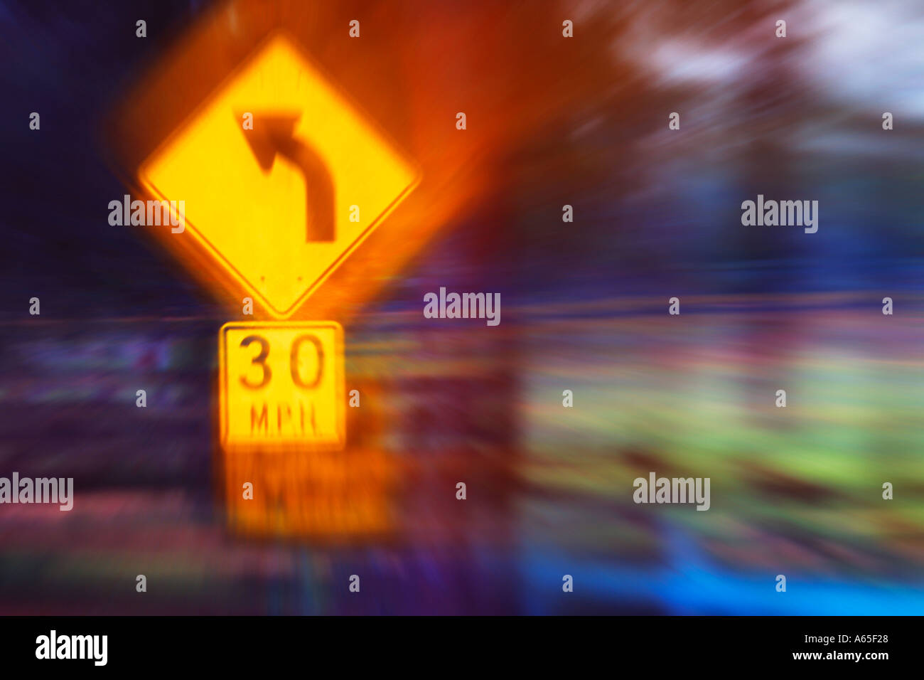 road warning sign blurred abstract Stock Photo