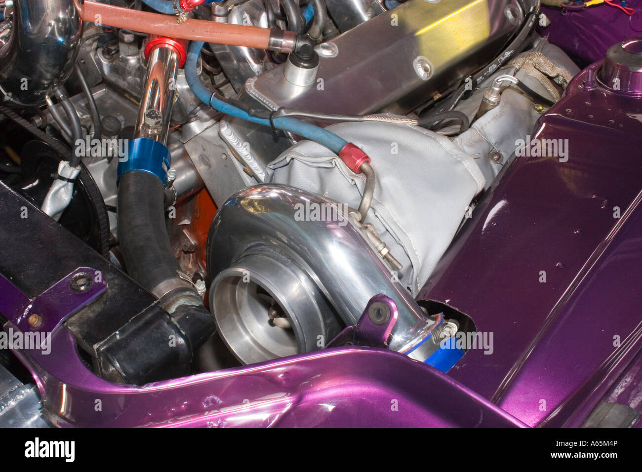 turbocharger on performance modified V8 Chrysler engine Stock Photo