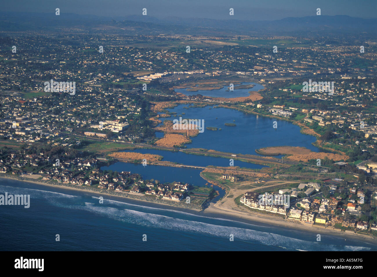 Aerial over Buena Vista Lagoon Carlsbad Northern San Diego Region Coastline San Diego County CALIFORNIA Stock Photo