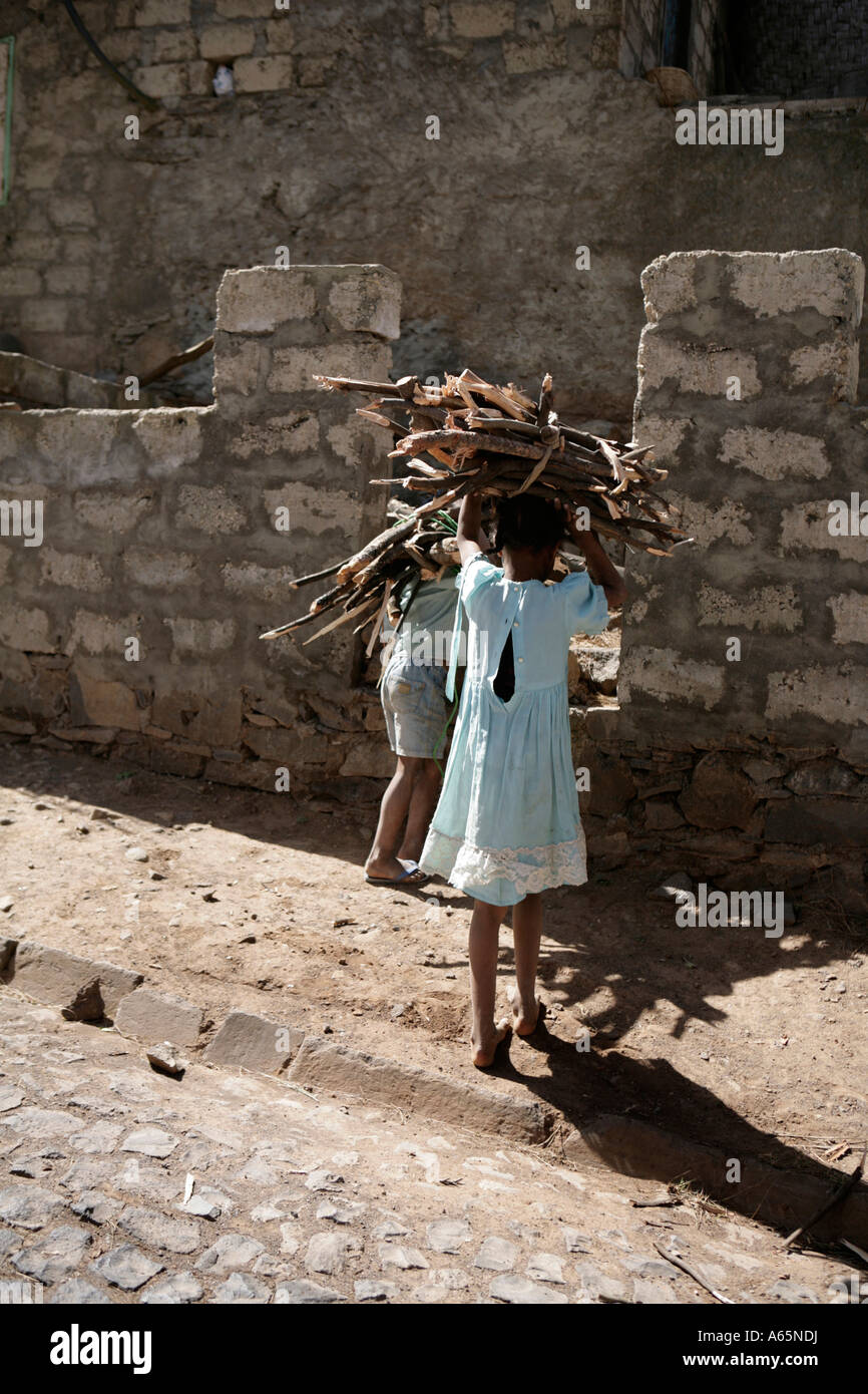Children with wood (Santo Antao, Cape Verde, 2007) Stock Photo