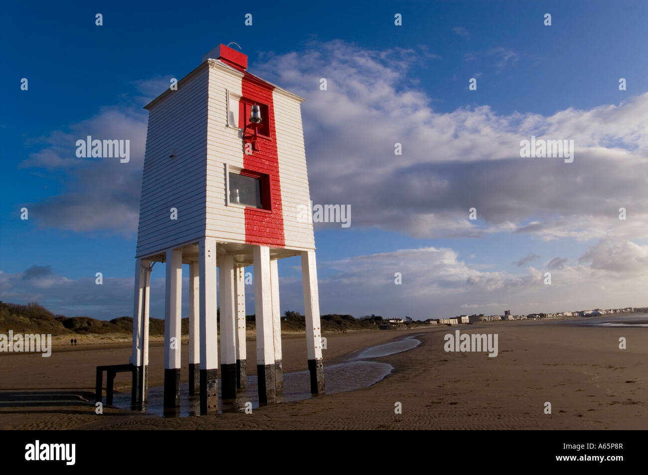 Wooden lighthouse on beach at low tide, Burnham on Sea, Somerset UK Stock Photo