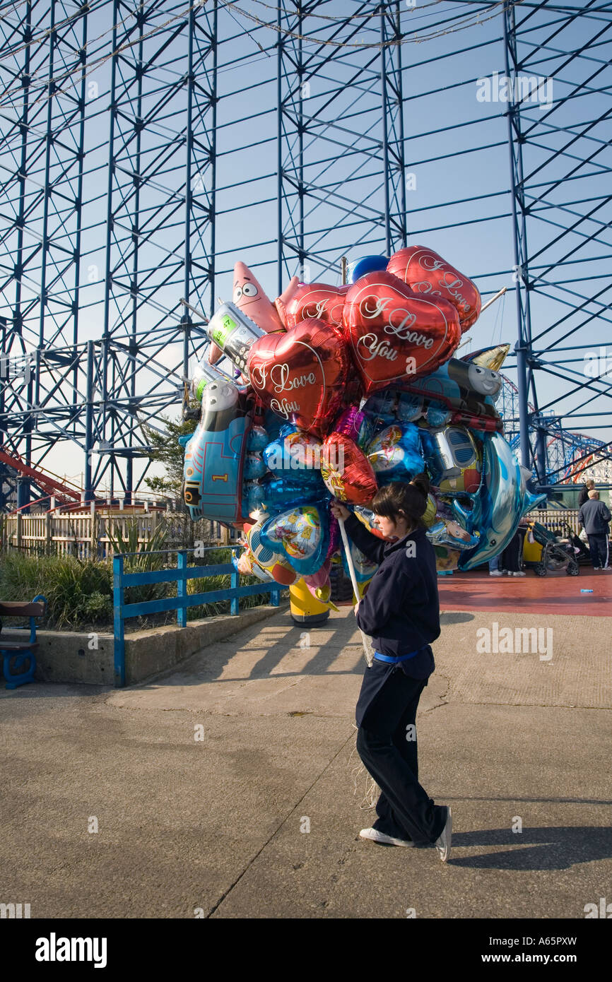 Balloon seller Blackpool Pleasure Beach gears and wheels, supports and