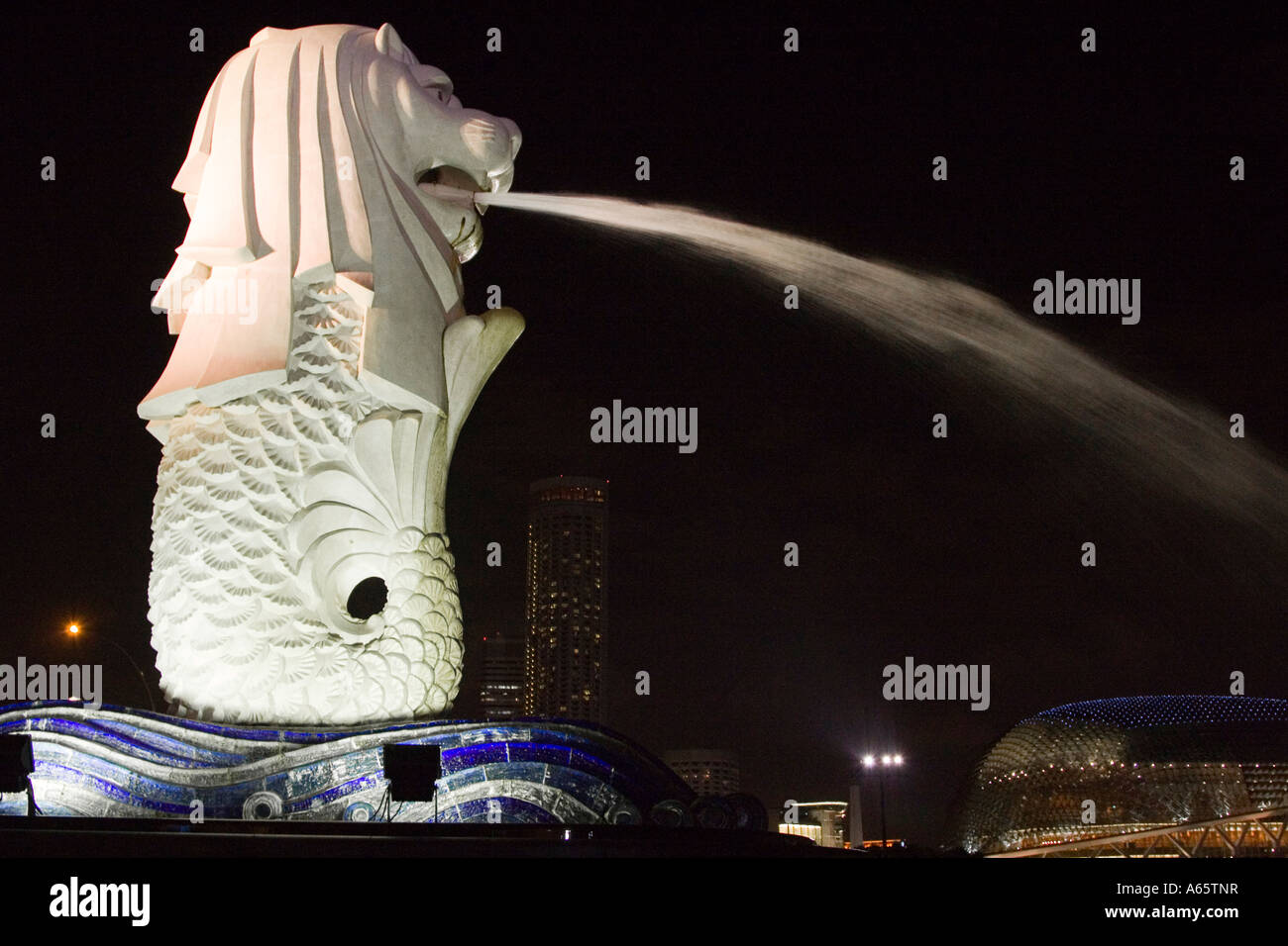 Merlion at Night Singapore Stock Photo