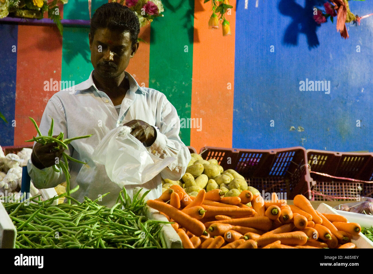 Indian Man Working at a Vegetable Stand Little India Singapore Stock Photo