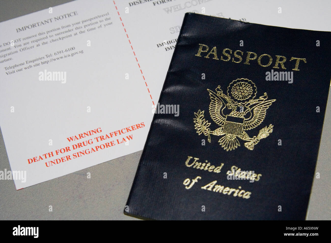 American USA Passport Singapore Immigration Drug Laws Stock Photo