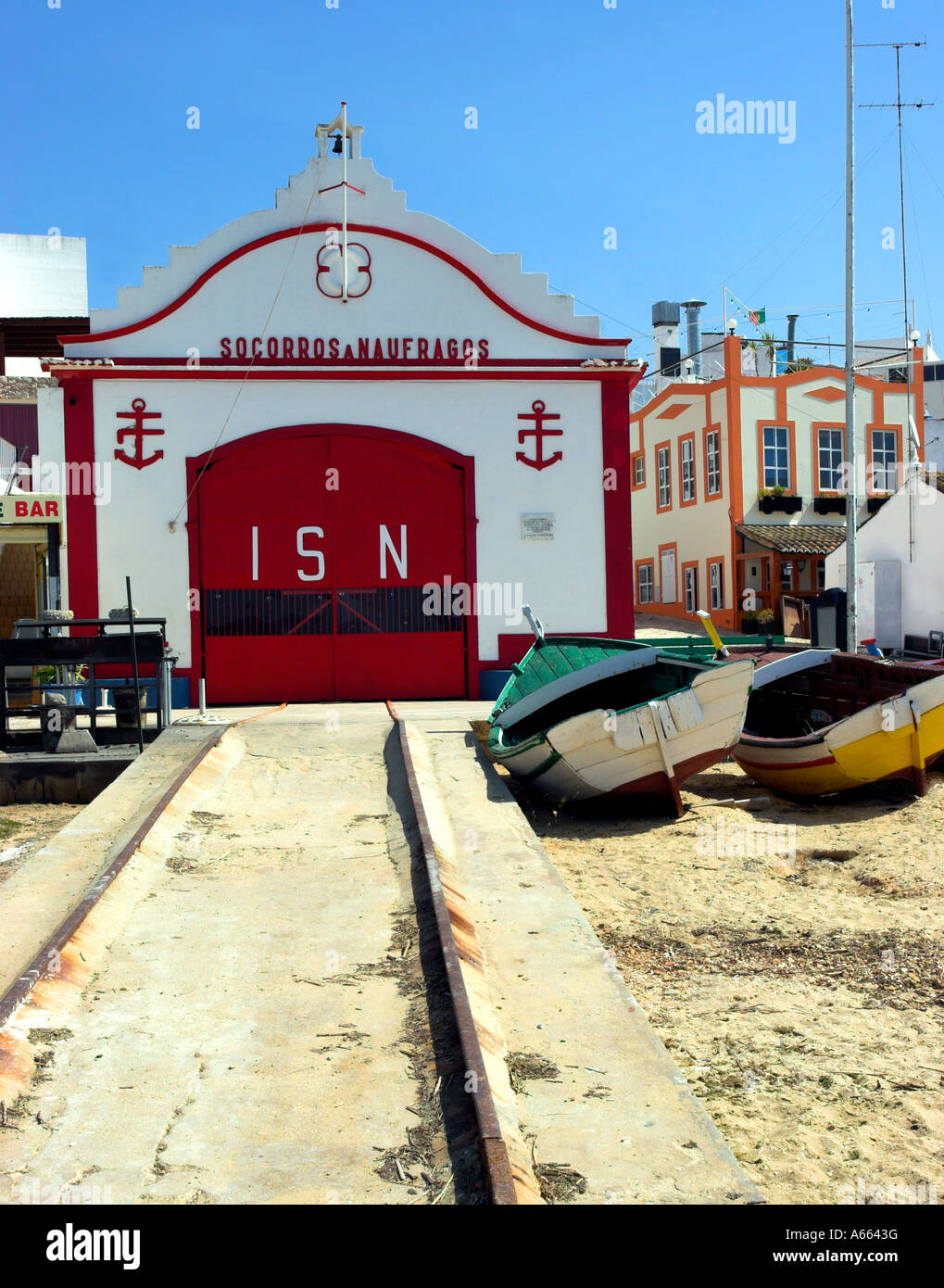 Entrance to the Alvor lifeboat station on the Algarve in southern Portugal. Stock Photo