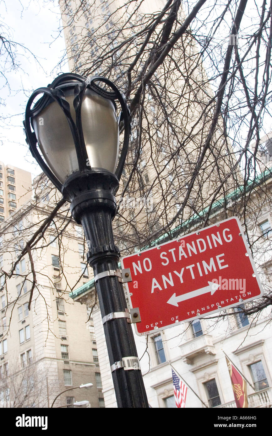 'No standing anytime' sign Central Park New York City NY NYC USA Stock