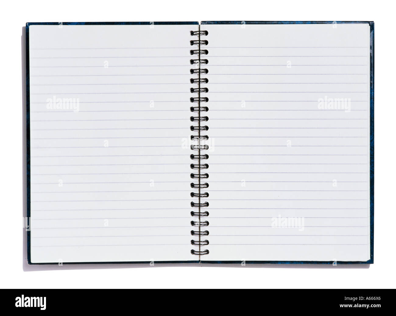 An open black spiral bound notebook with lined pages Stock Photo