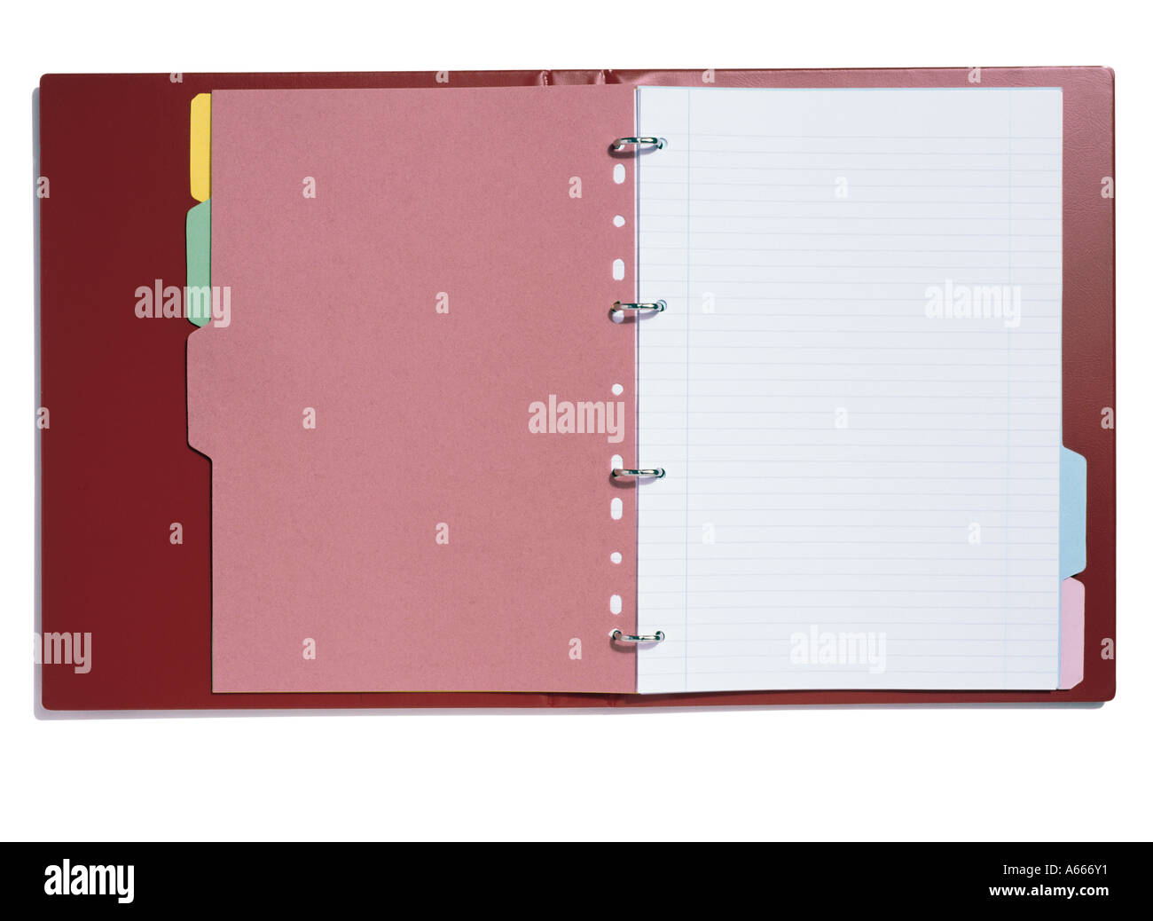 An open red file containing dividers and lined paper Stock Photo