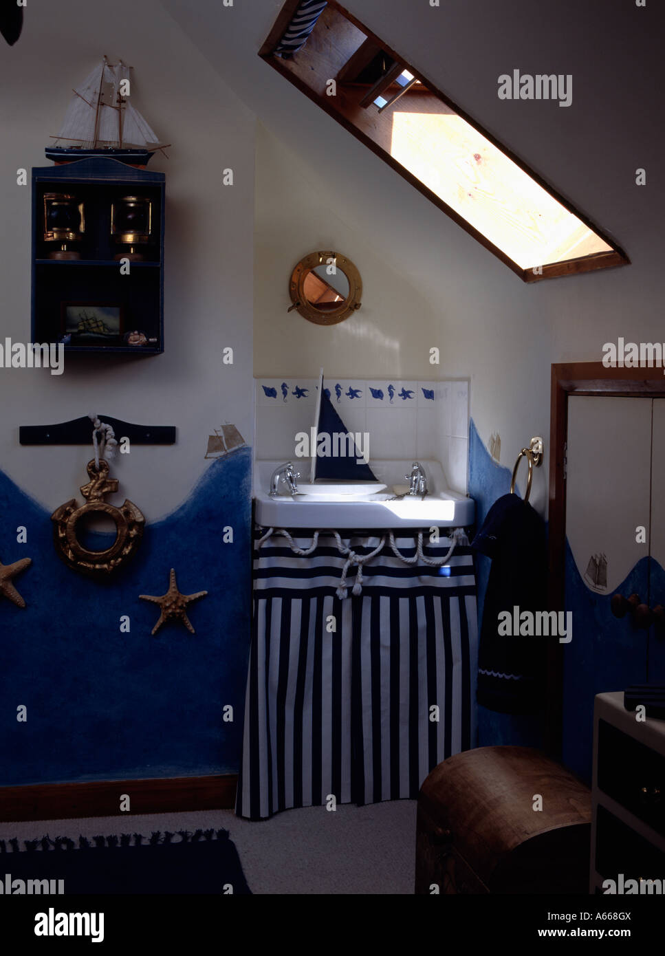 Small Nautical Themed Attic Bathroom With Blue And White Striped