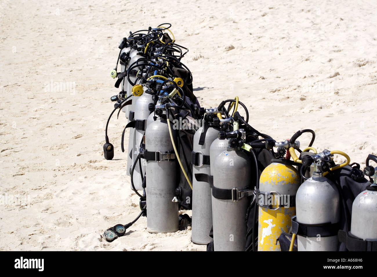 A row of dive tanks on a white sandy beach in Boracay, Philippine Islands Stock Photo