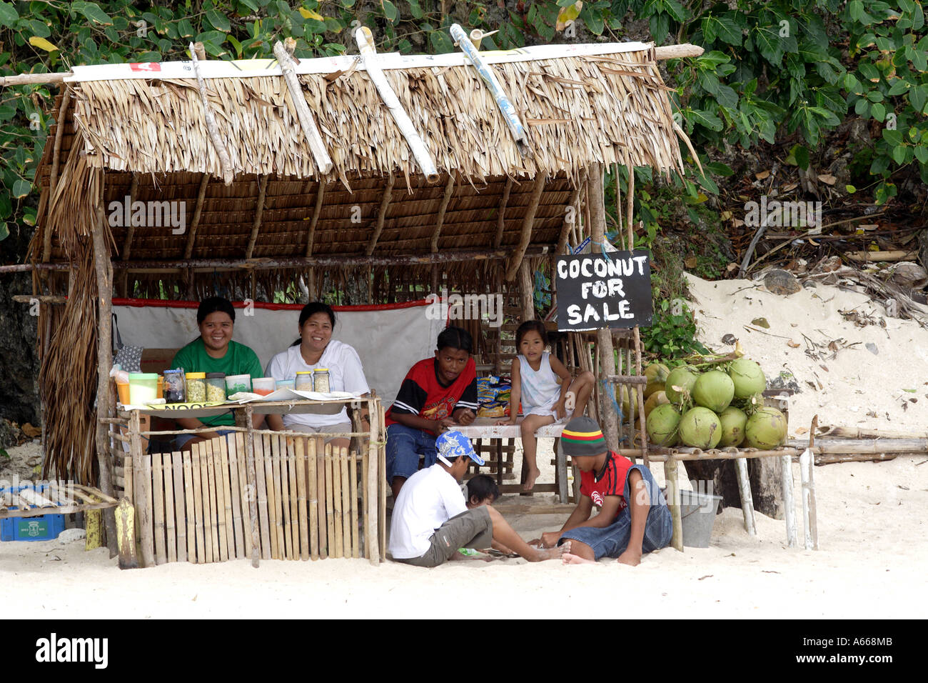 Small stall selling coconuts on the beach on Boracay, Philippine