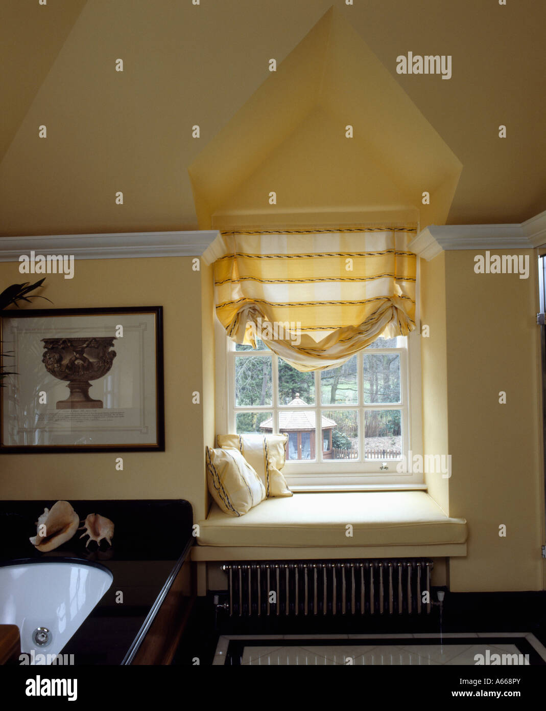 Windowseat Below Dormer Window With Yellow Blind In Attic Bathroom