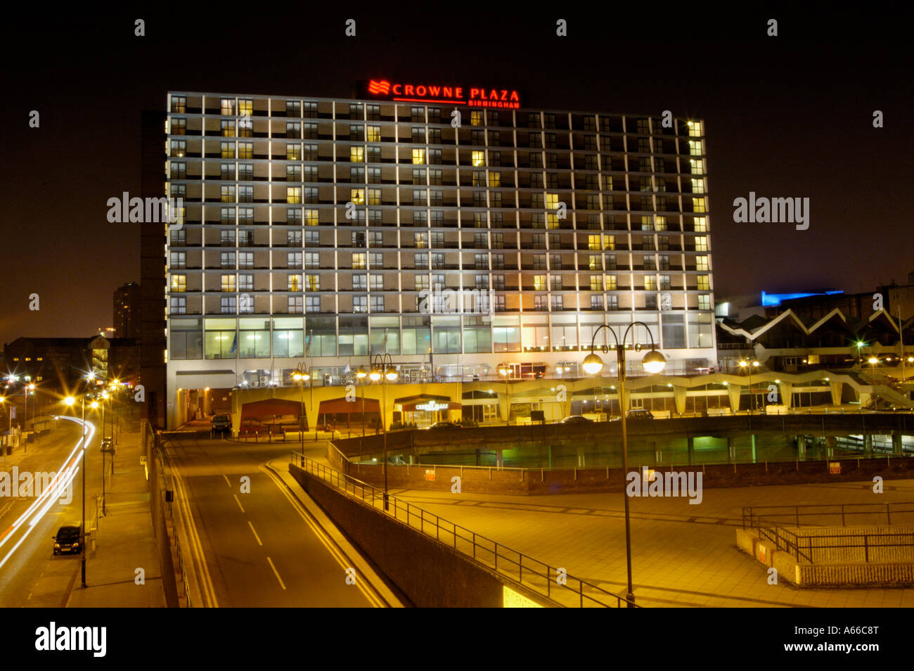 The crown plaza hotel in the centre of birmingham uk at night taken from old pedestrian bridge which has now been knocked down Stock Photo