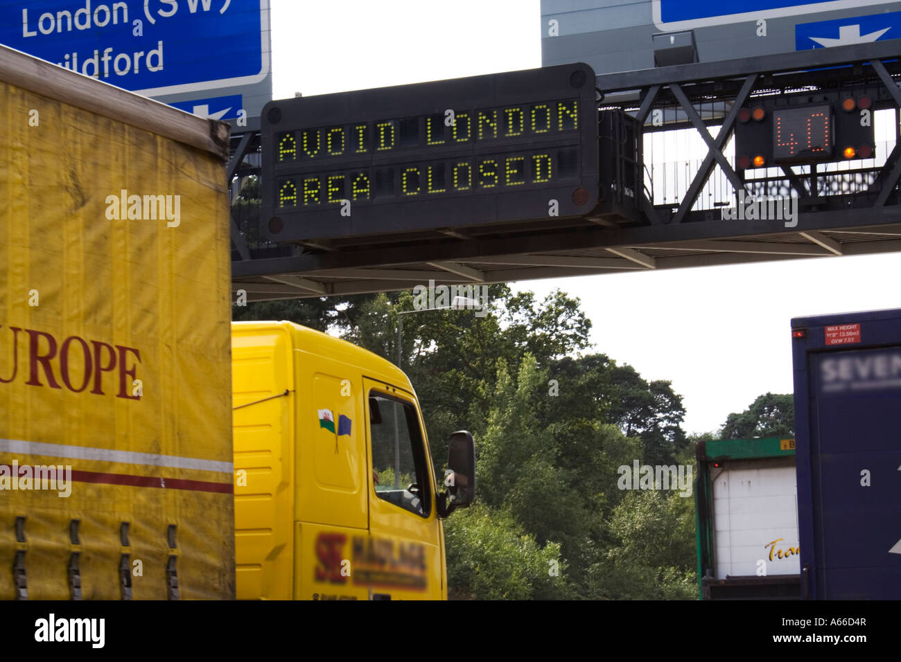 overhead motorway sign instructing to avoid London on day of July 7 ...