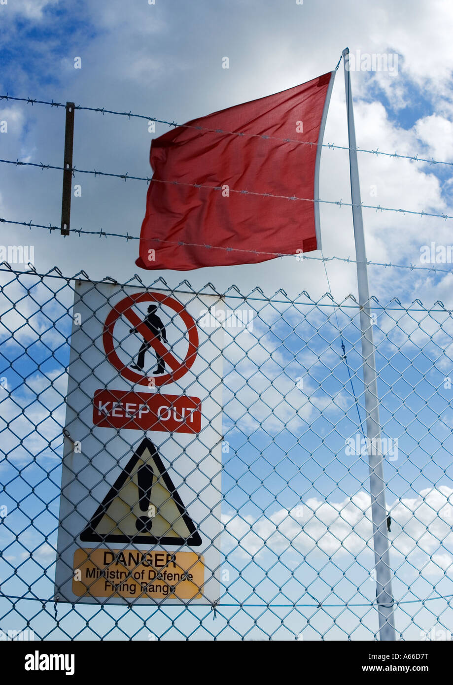 Red flag and warning sign for live firing range Stock Photo Alamy