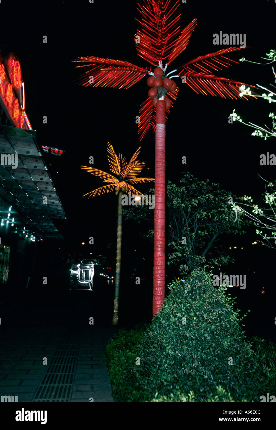 Fancy lightened imitation palm trees in the centre of Tonghai, Yunnan