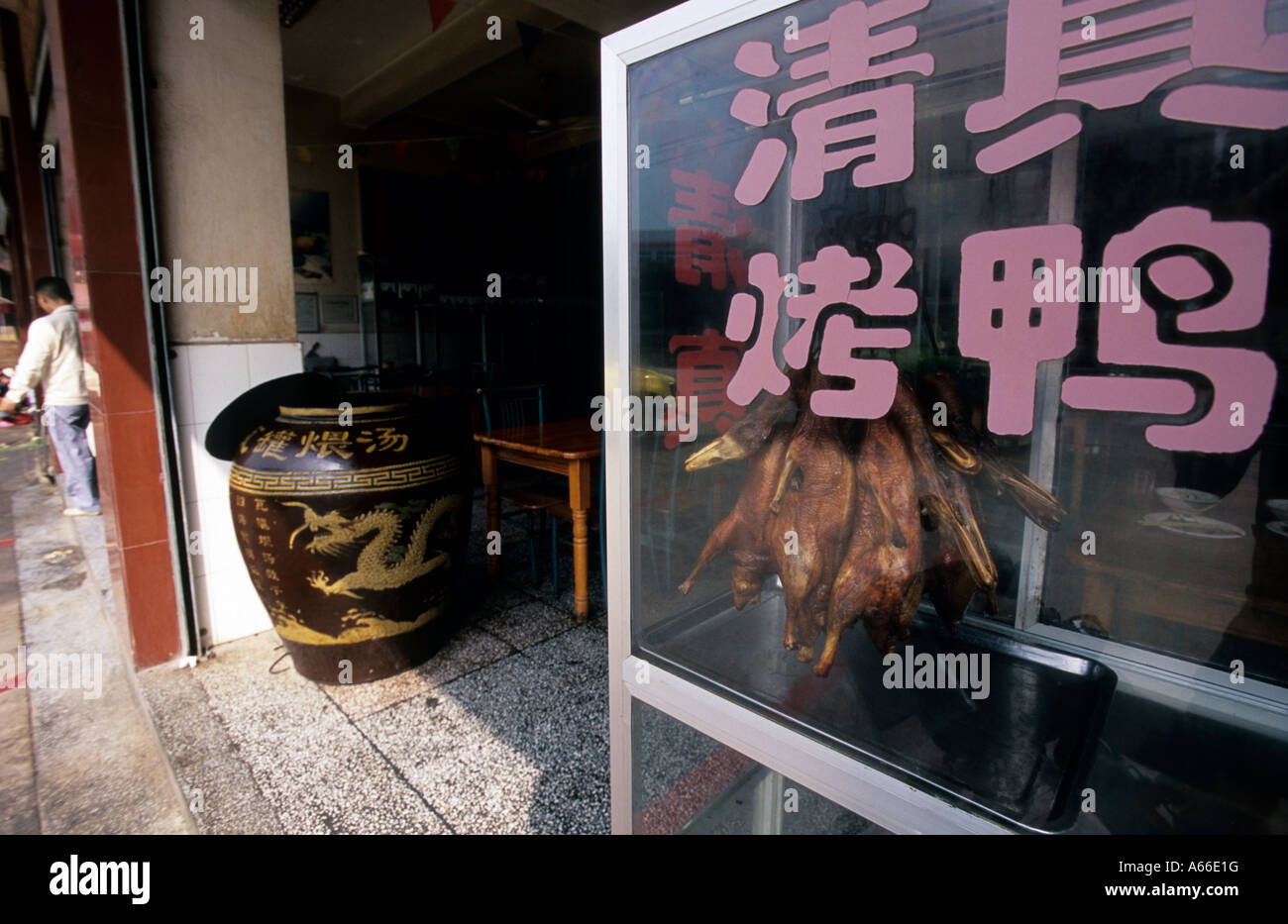 Display window with Peking duck and an oven at the entrance of a restaurant in Yunnan, China. Stock Photo