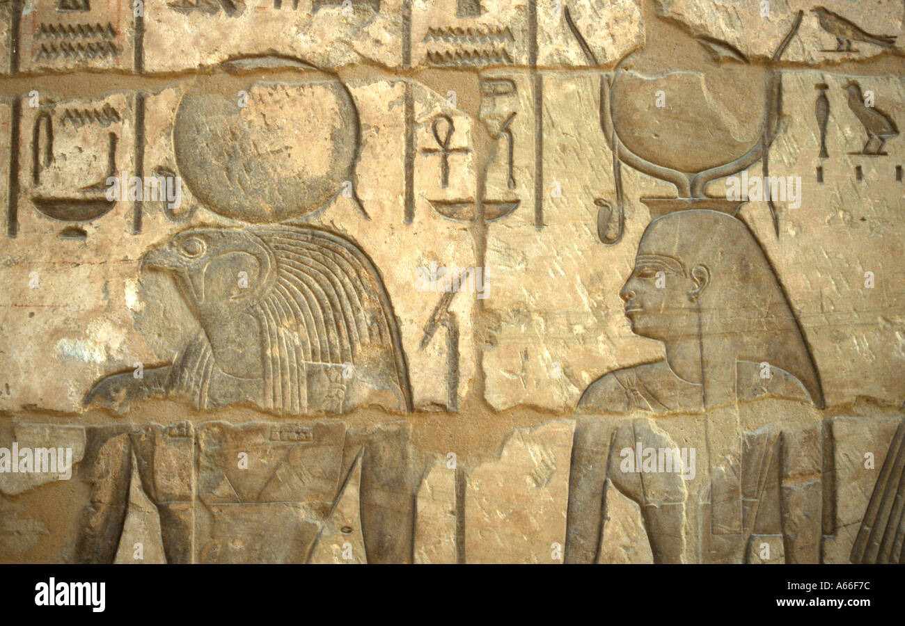 Temple carvings at Madinet Habu near Luxor Egypt Stock Photo