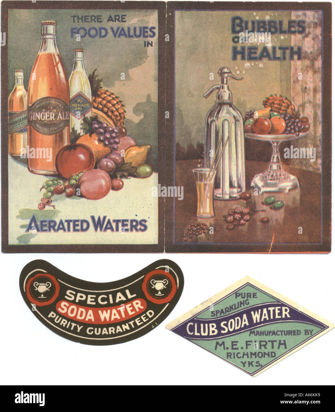 Advertising leaflet and neck labels for soda water circa 1930 Stock Photo