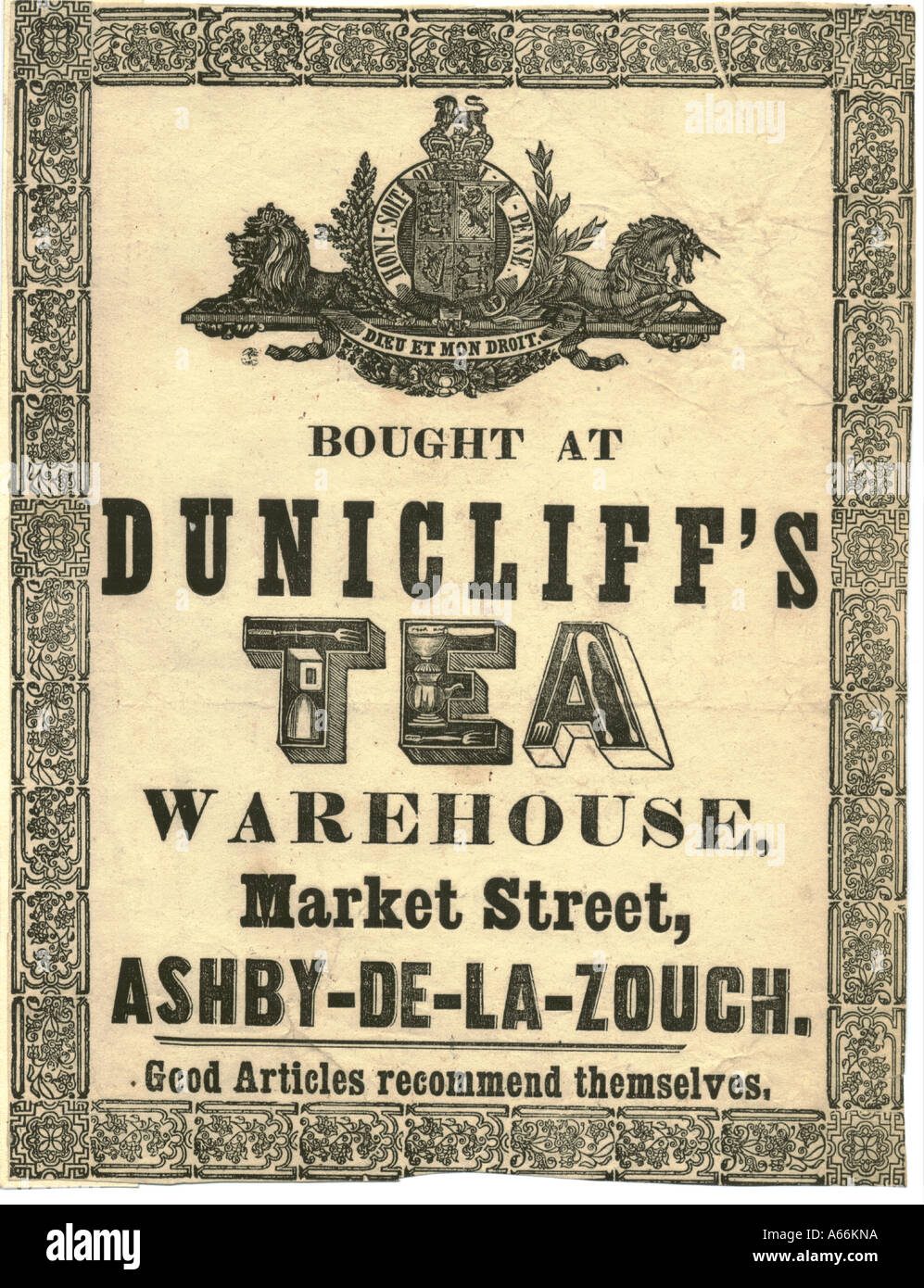 Dunicliff's Tea Warehouse advertising leaflet circa 1840 Stock Photo