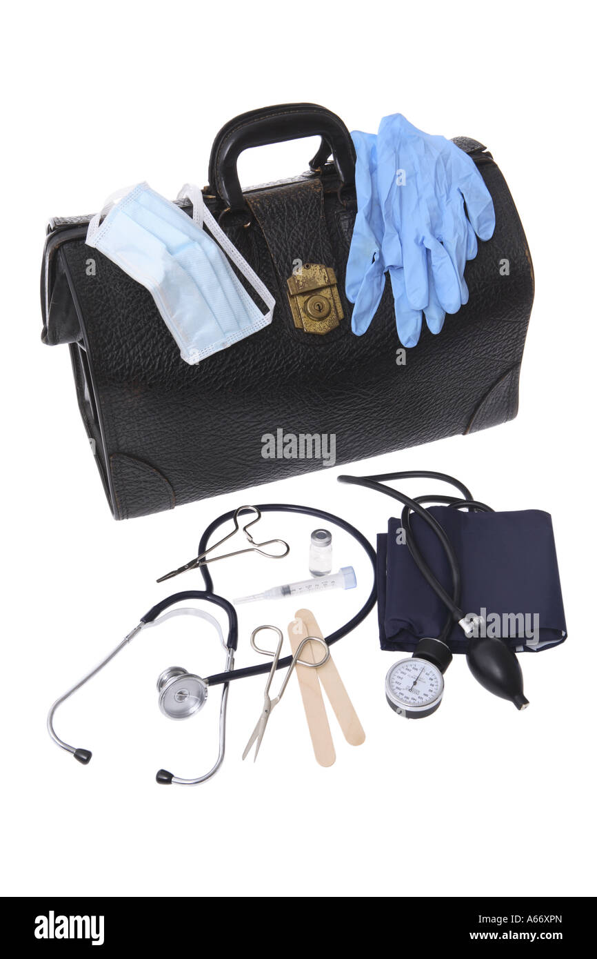 Doctor's bag and equipment cut out on white background Stock Photo