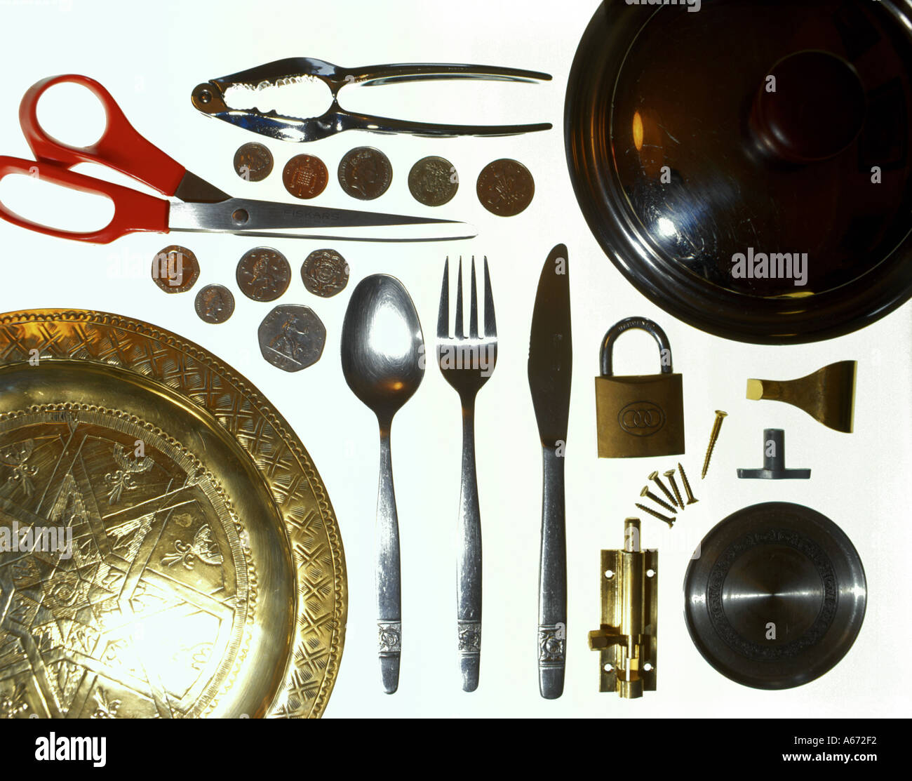 Display of various objects made from metal alloys. Stock Photo