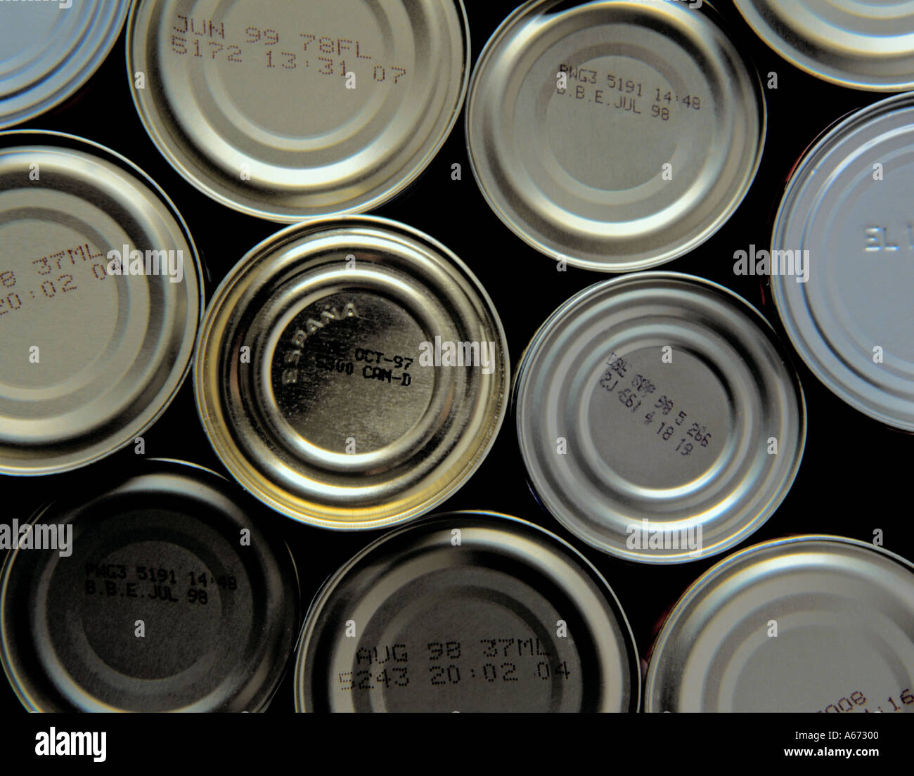 Date stamp markings on canned foods, UK Stock Photo Alamy