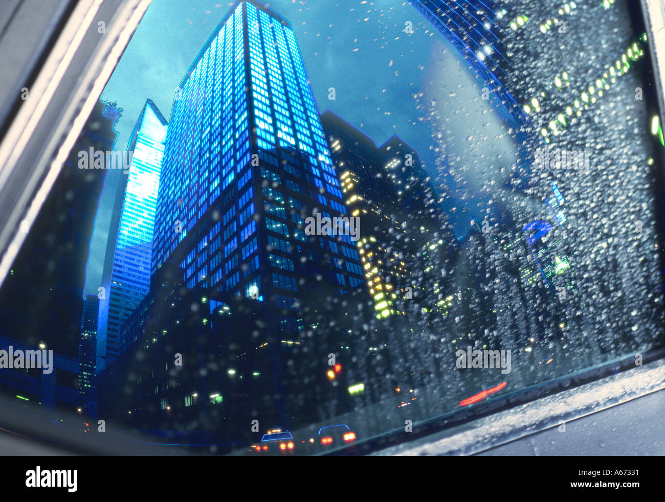 Rainy reflection of New York City in a car window abstract Stock Photo ...