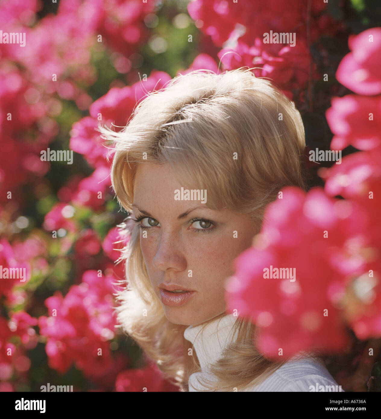attractive girl posing in flowers closeup Stock Photo