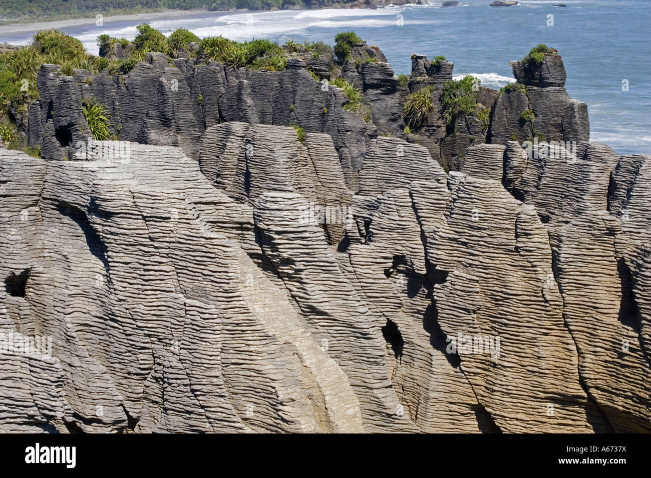 Layered limestone rocks in cliffs at Pancake Rocks Punakaiki South