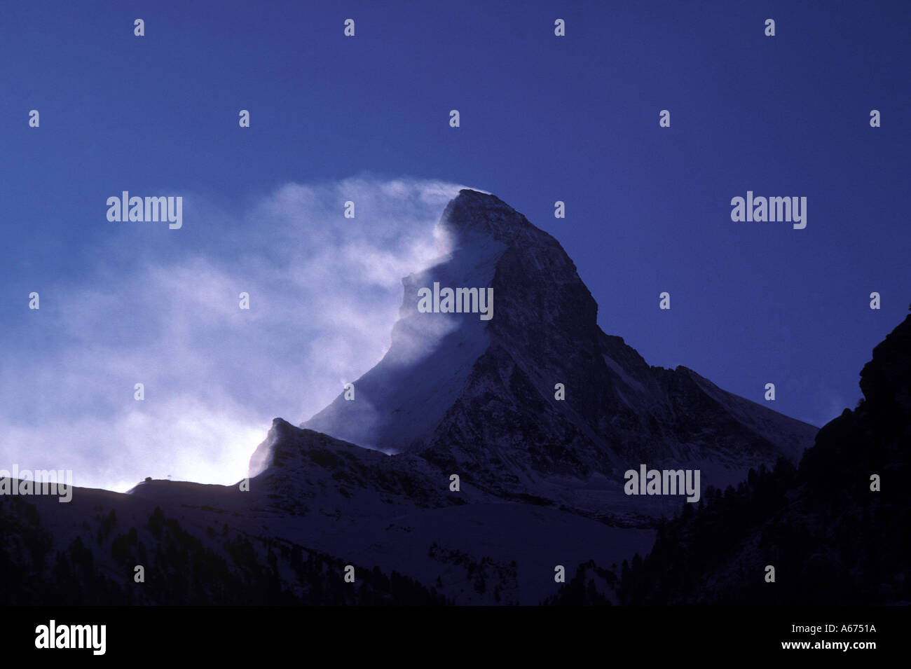 Switzerland high winds blowing snow from peak of Matterhorn Stock Photo ...