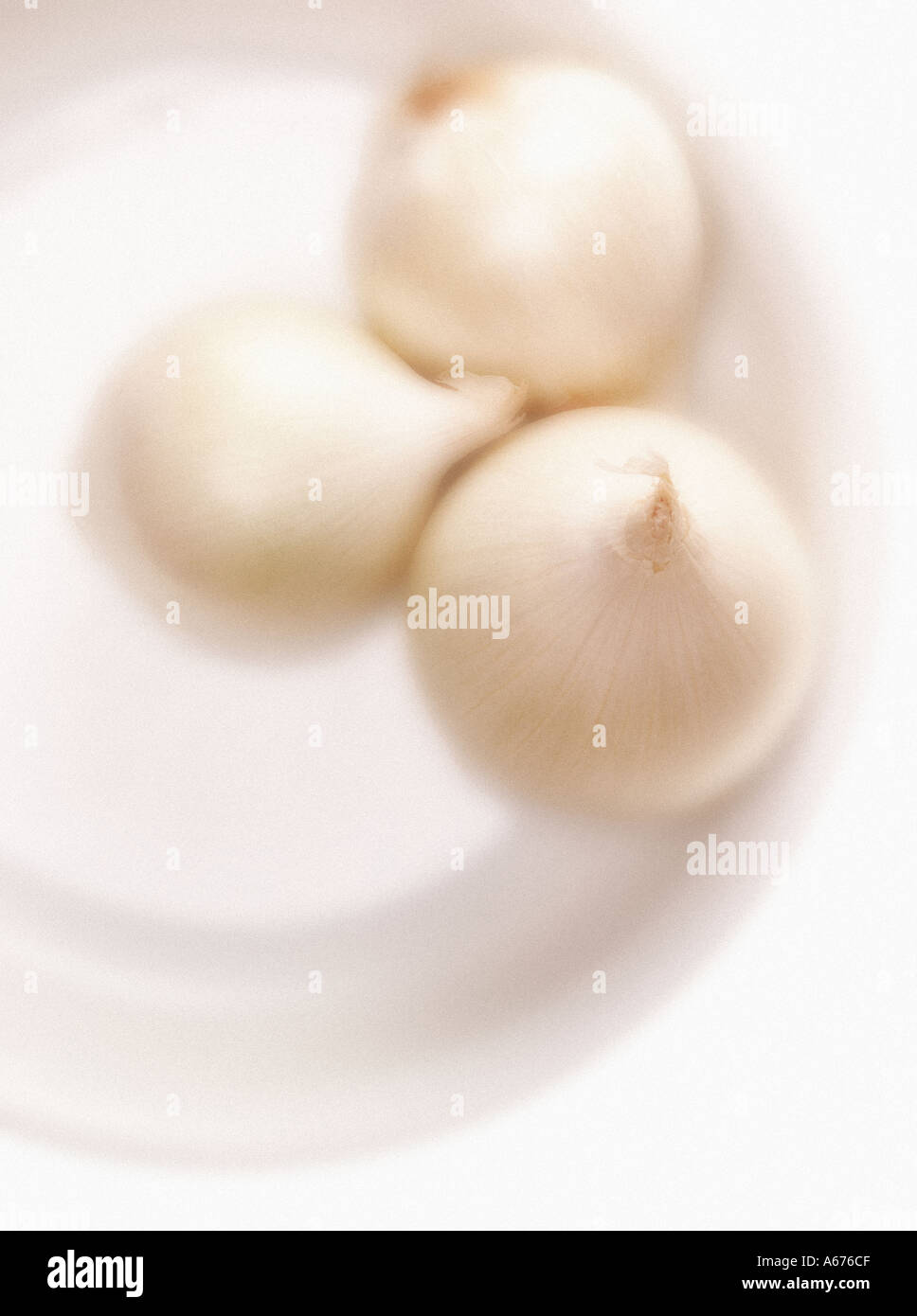 Still life of 3 white onions with their papery white skin on a white plate on a white background. Stock Photo