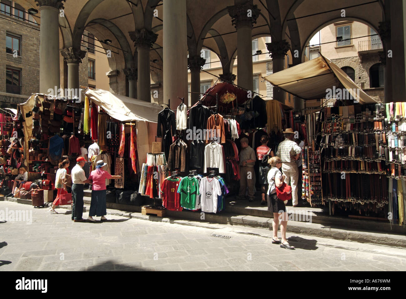 Florence outdoor but covered market stalls in the Mercato Nuovo known locally as Porcellino Stock Photo
