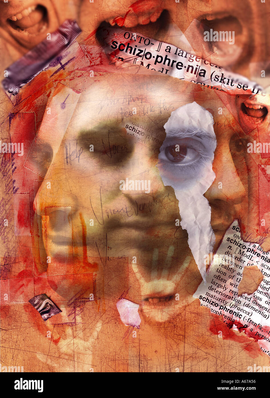 Schizophrenia Man s face with writing and torn paper Collage Stock Photo