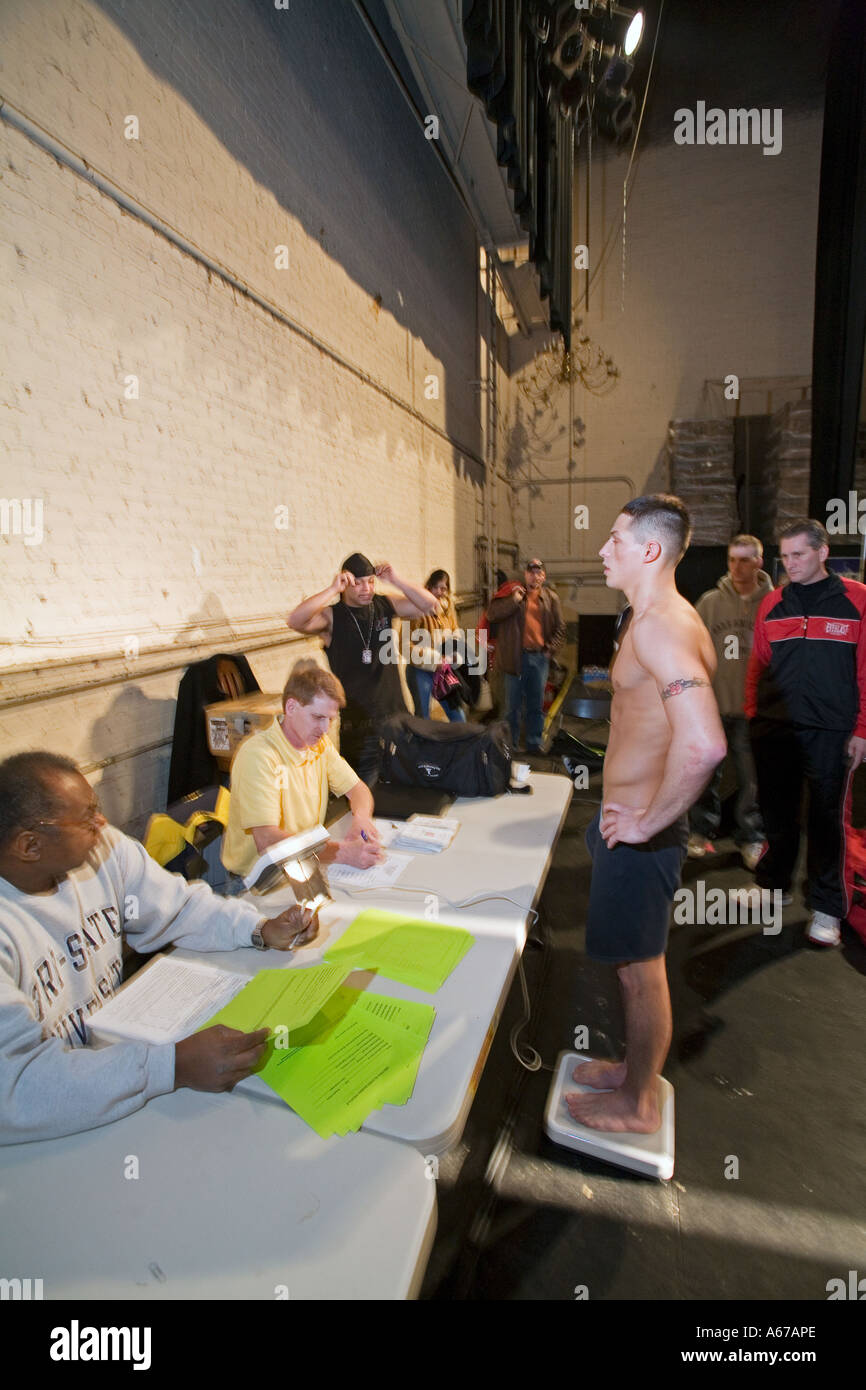 Detroit Michigan A boxer weighs in before a Golden Gloves amateur boxing match at the Majestic Theatre Stock Photo