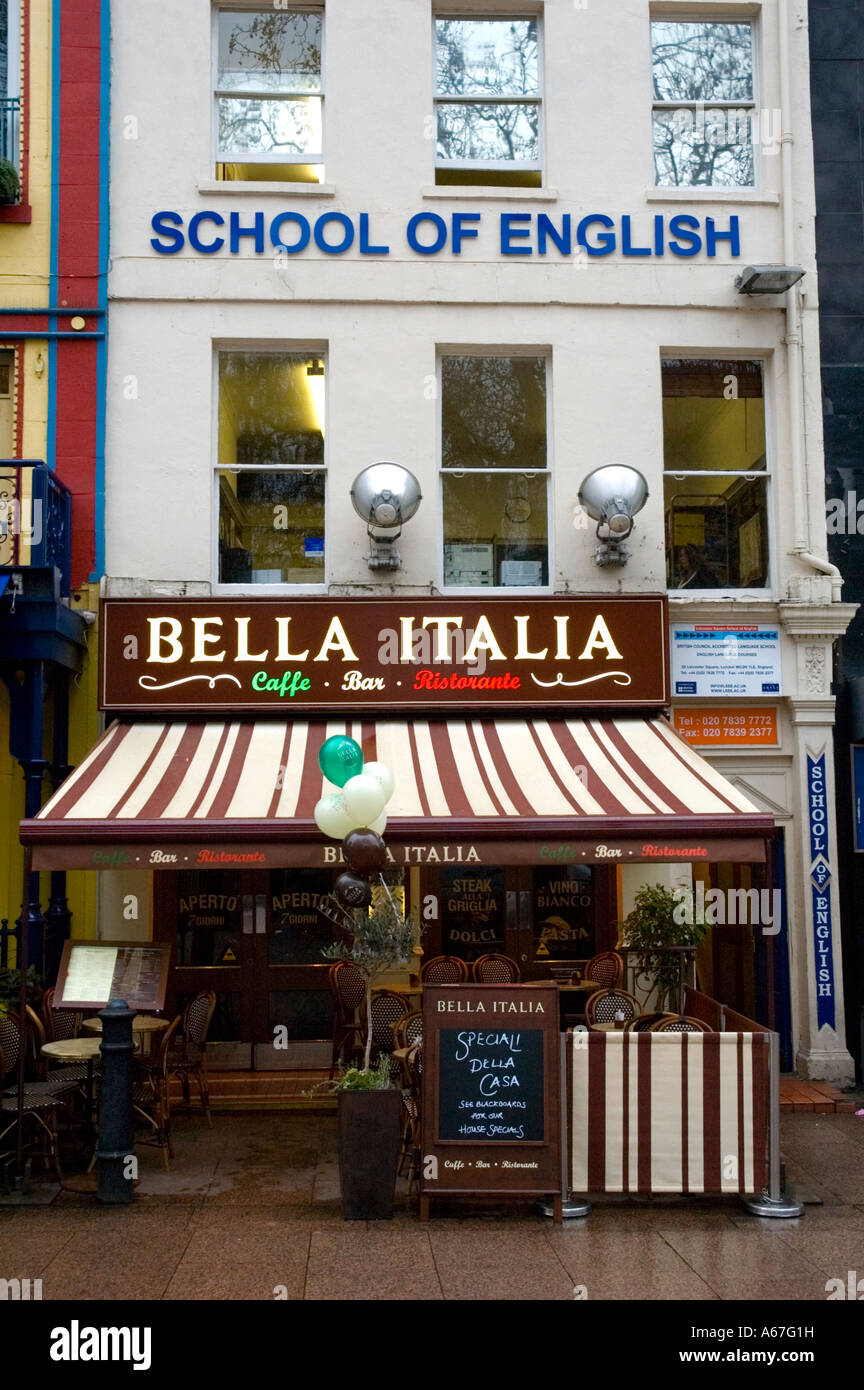Italian chain restaurant and a language school in Leicester Square central London England UK Stock Photo