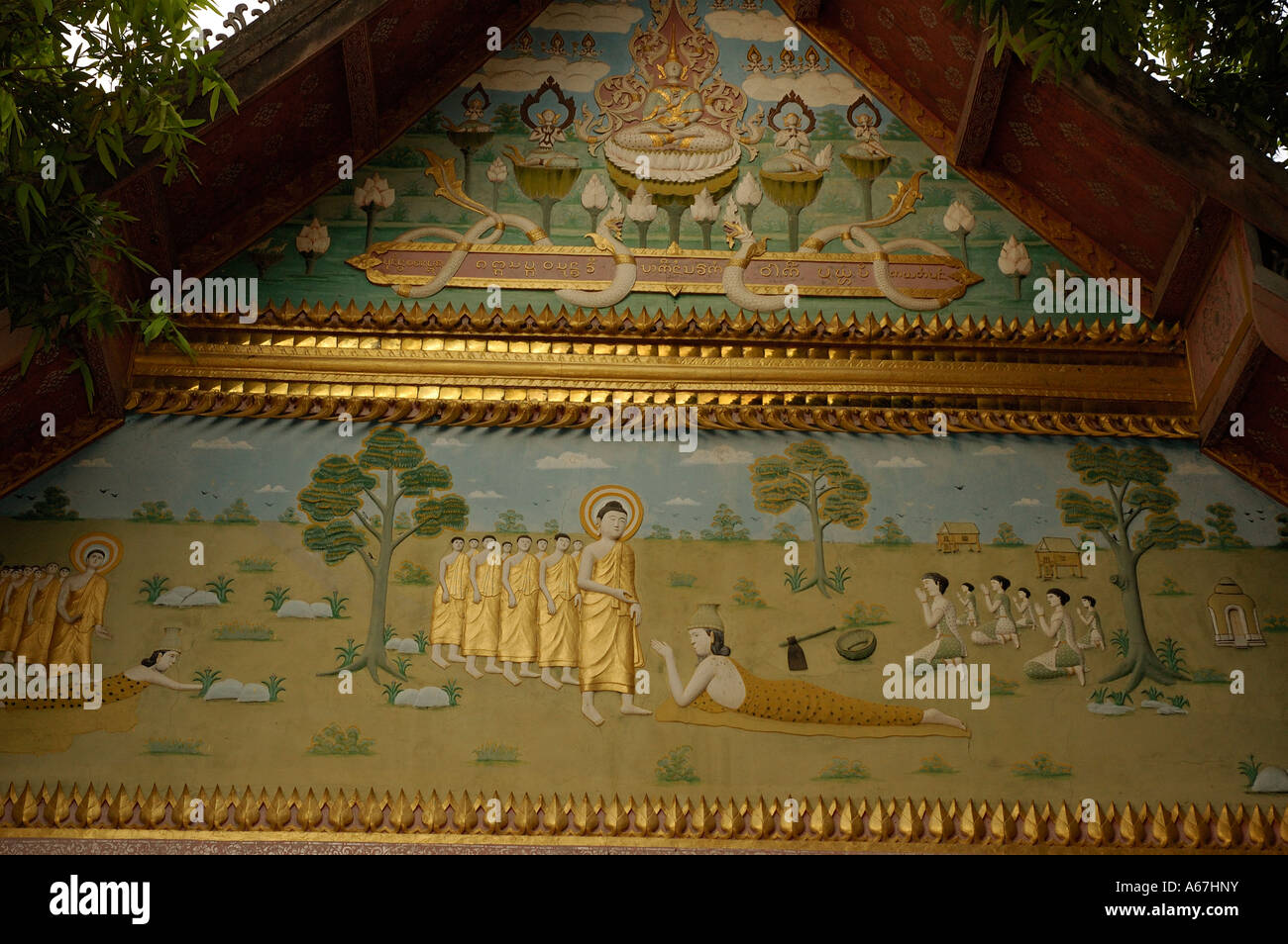 Religious paintings at the Wat Saen Buddhist temple, Luang Prabang, Laos (Lao PDR). Stock Photo