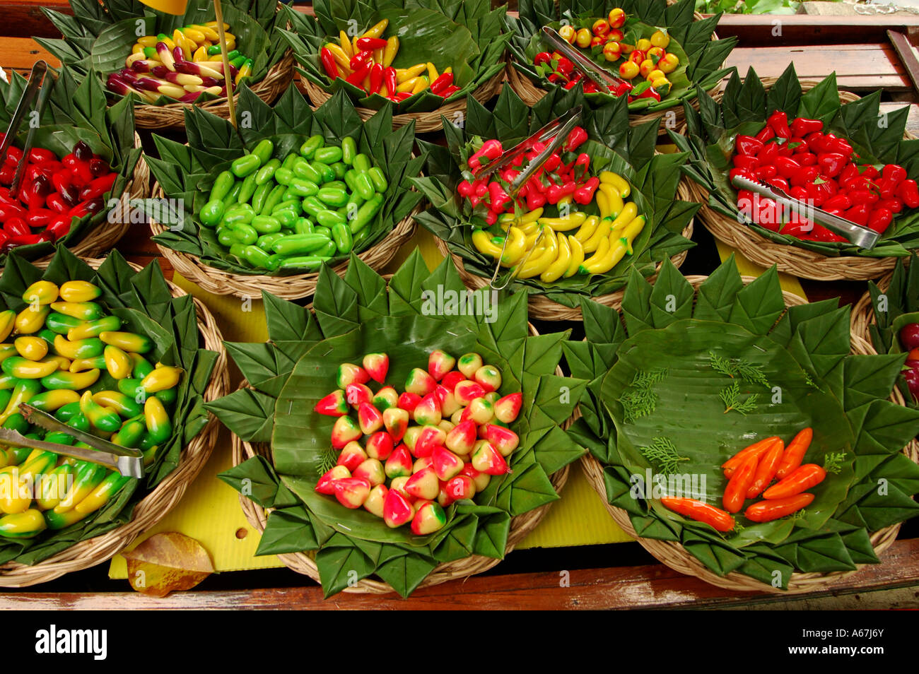 Colorful fruit candies at a small floating market in Bangkok, Thailand